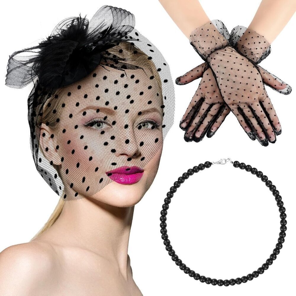 Women Fascinator Hat Set Lace Gloves Pearl Necklace Tea Party Halloween